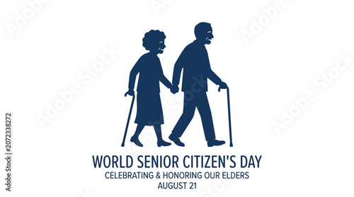 World Senior Citizens Day silhouette of elderly couple walking together.