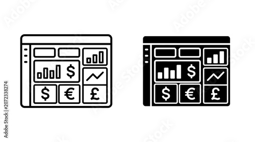 Financial Dashboard with Charts and Currency Symbols in Outline and Solid Styles.