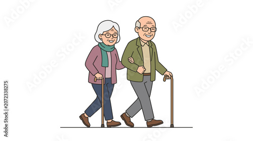 Elderly couple walking together with walking sticks vector illustration.