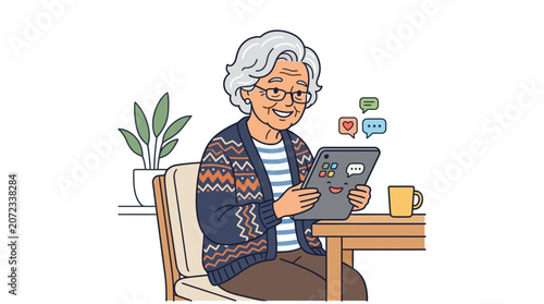 Senior woman smiling while using a digital tablet.