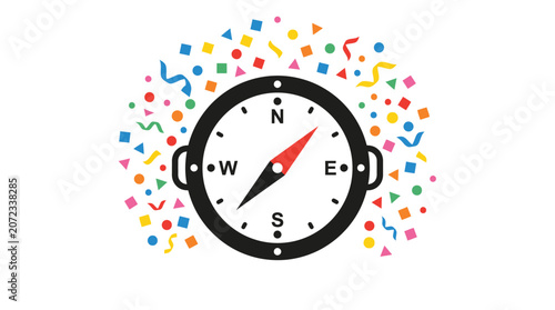 Compass icon with festive colorful confetti dots.