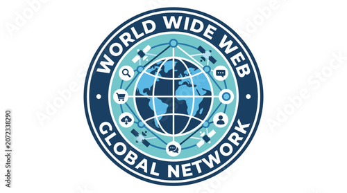 World wide web global network circular logo with globe icon.
