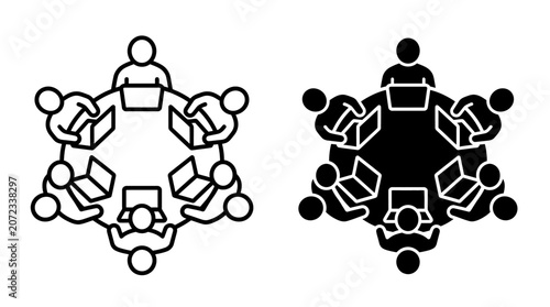 Teamwork and collaboration illustrated by people sitting around a hexagonal table with laptops, in both line art and silhouette styles.