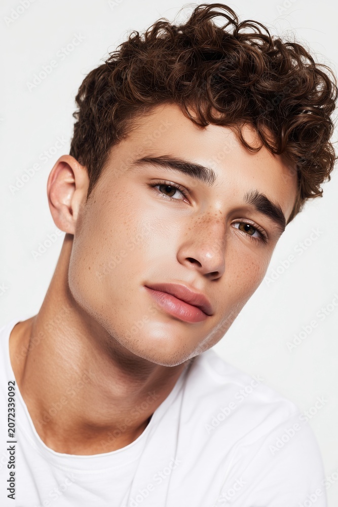 Naklejka premium Young male model with soft skin texture and natural look highlighting facial symmetry and clean grooming style