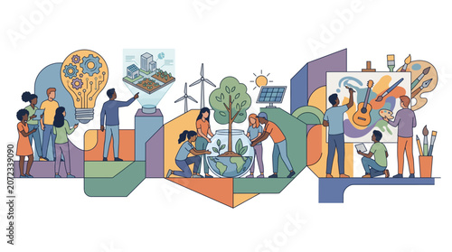 Illustration of people engaging in eco friendly activities.