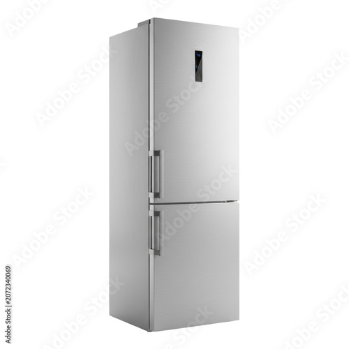 premium metallic silver combi refrigerator with recessed handles and blue LED panel, on a seamless transparent studio background with diffused lighting, concept of modern appliance design