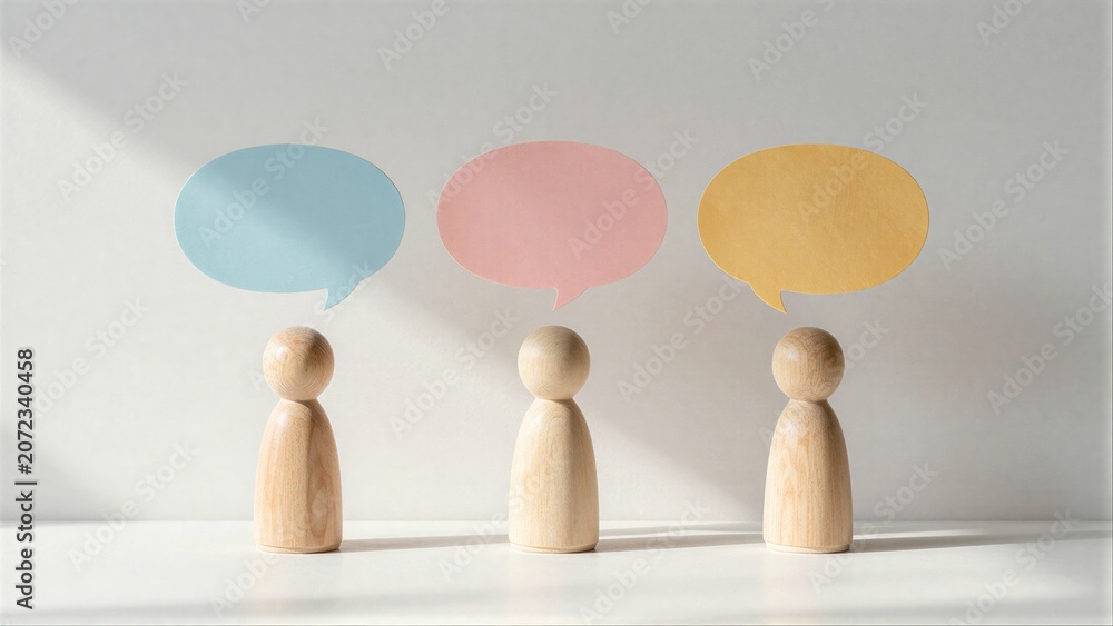 Obraz premium Three wooden figures with colorful speech bubbles, symbolizing communication or dialogue.