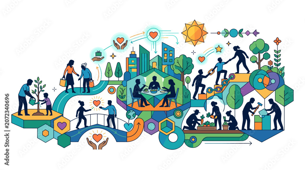 Fototapeta premium Illustration of people engaging in eco friendly activities.