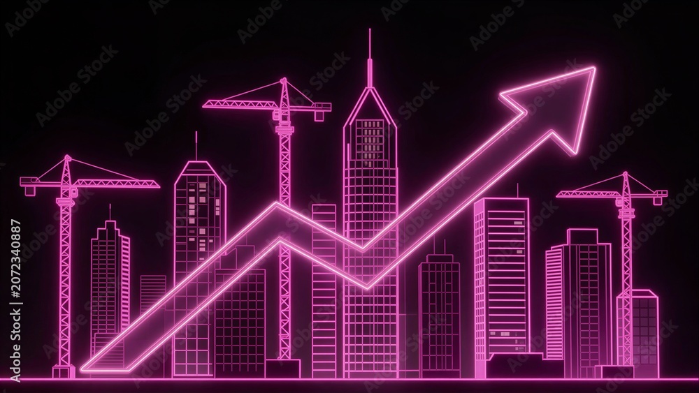 Naklejka premium Pink neon cityscape with upward arrow symbolizing growth and development against a dark background.