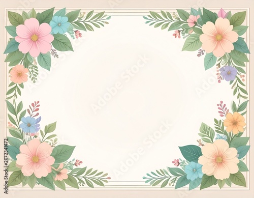 Beautiful floral border design featuring corners adorned with an arrangement of delicate pastel-colored flowers and green leaves, creating a soft and inviting frame.

