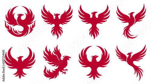 Картината върху платно Red phoenix rising bird silhouette icon collection.