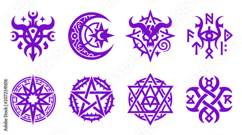 Tableau sur toile Collection of purple mystical sigils and magic circle icons.