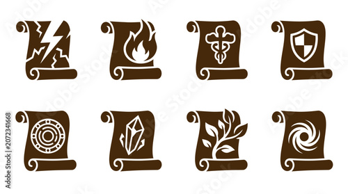 Cuadro en lienzo Collection of magic spell scroll icons with elemental symbols.