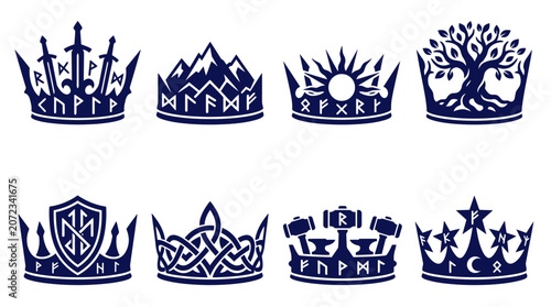 Tableau sur toile Dark blue Viking and runic crown silhouette collection.