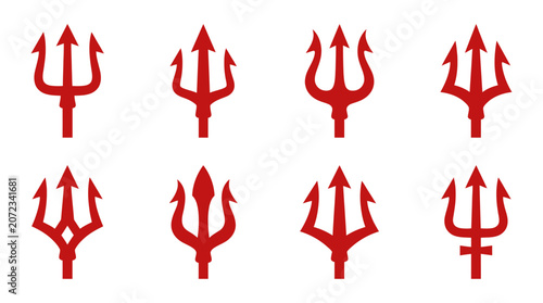 Photos Red trident and pitchfork demonic power icons.