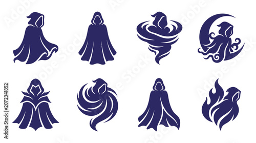 Konstfotografi Dark purple cloaked figure and hooded phantom icons.