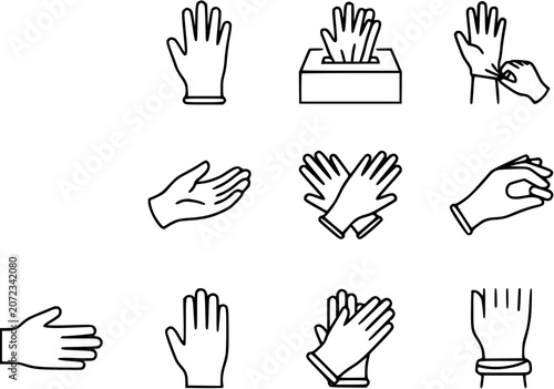 Disposable Gloves and Hand Protection Line Art Icon Set for Medical, Safety, and Hygiene