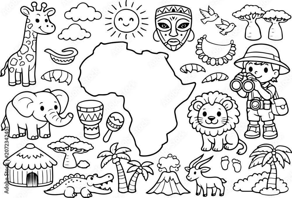 Obraz premium africa continent cartoon outline hand drawn Line Art illustration doodle art coloring page for kids