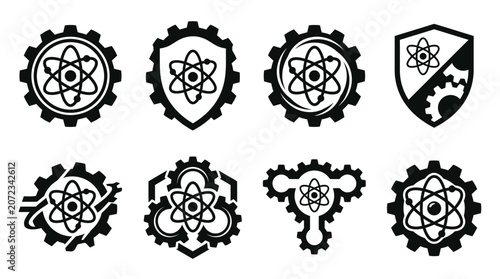 Scientific atom and mechanical gear symbol collection.