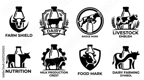 Dairy farm and milk production logo set.
