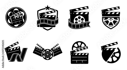 Set of black cinema and film industry icons.