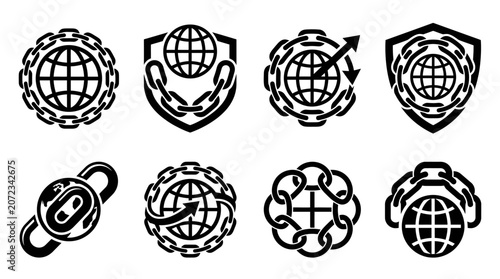 Global supply chain and network connectivity icons.