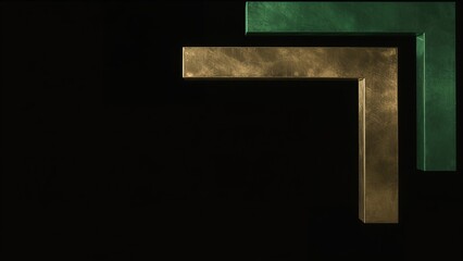 Golden and green metallic frames contrast sharply against a deep black background.