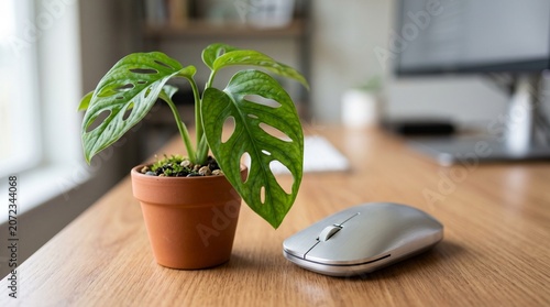 Macro shot of green potted monstera plant next to a generic computer mouse