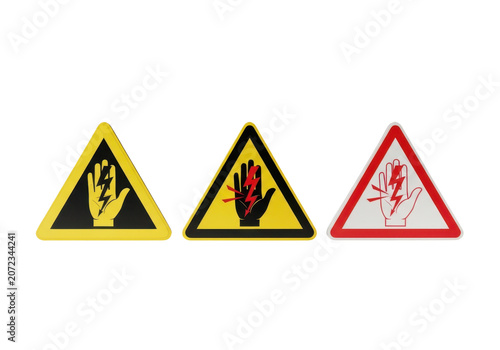 Set of electrical hazard warning signs with hand and lightning isolated on transparent background
