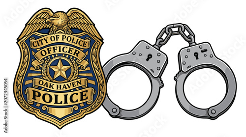 Tableau sur toile Police Officer Badge and Handcuffs.