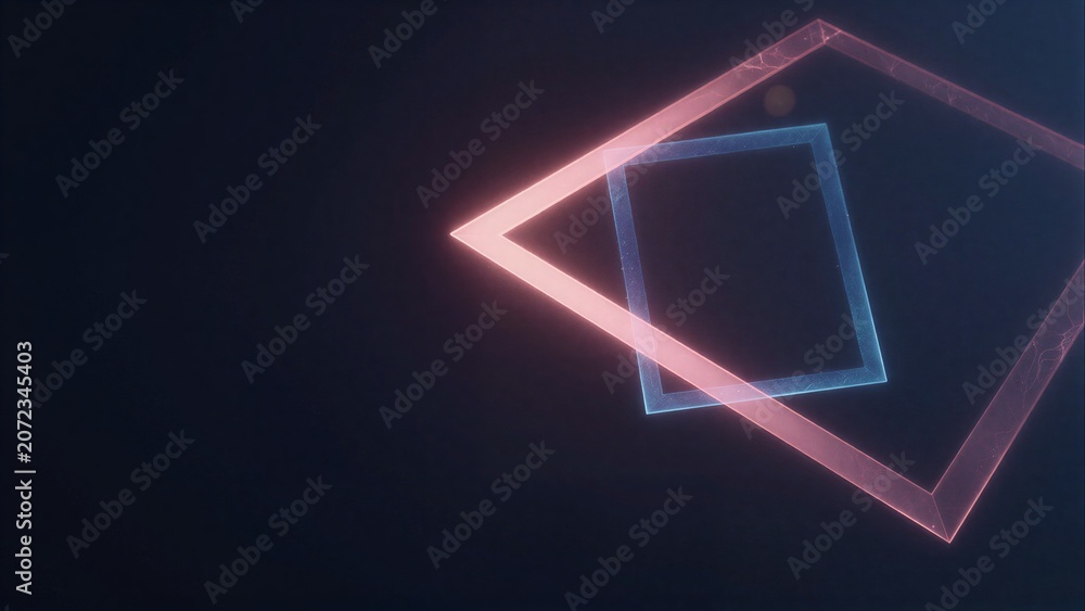 Fototapeta premium Neon blue and pink geometric shapes float against a dark, futuristic backdrop.