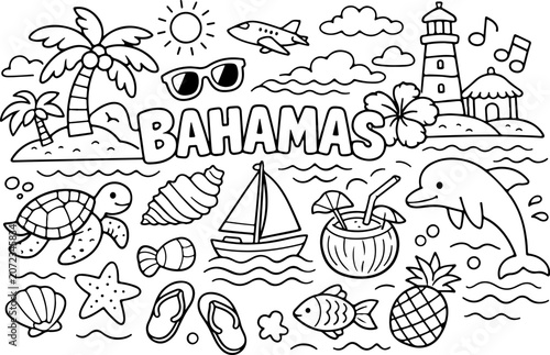 bahamas landmarks cartoon outline hand drawn Line Art illustration doodle art coloring page for kids