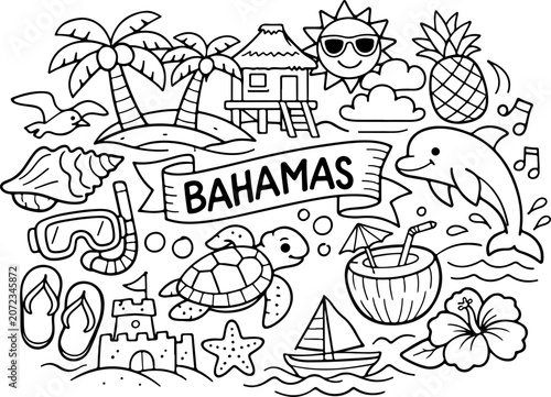 bahamas landmarks cartoon outline hand drawn Line Art illustration doodle art coloring page for kids