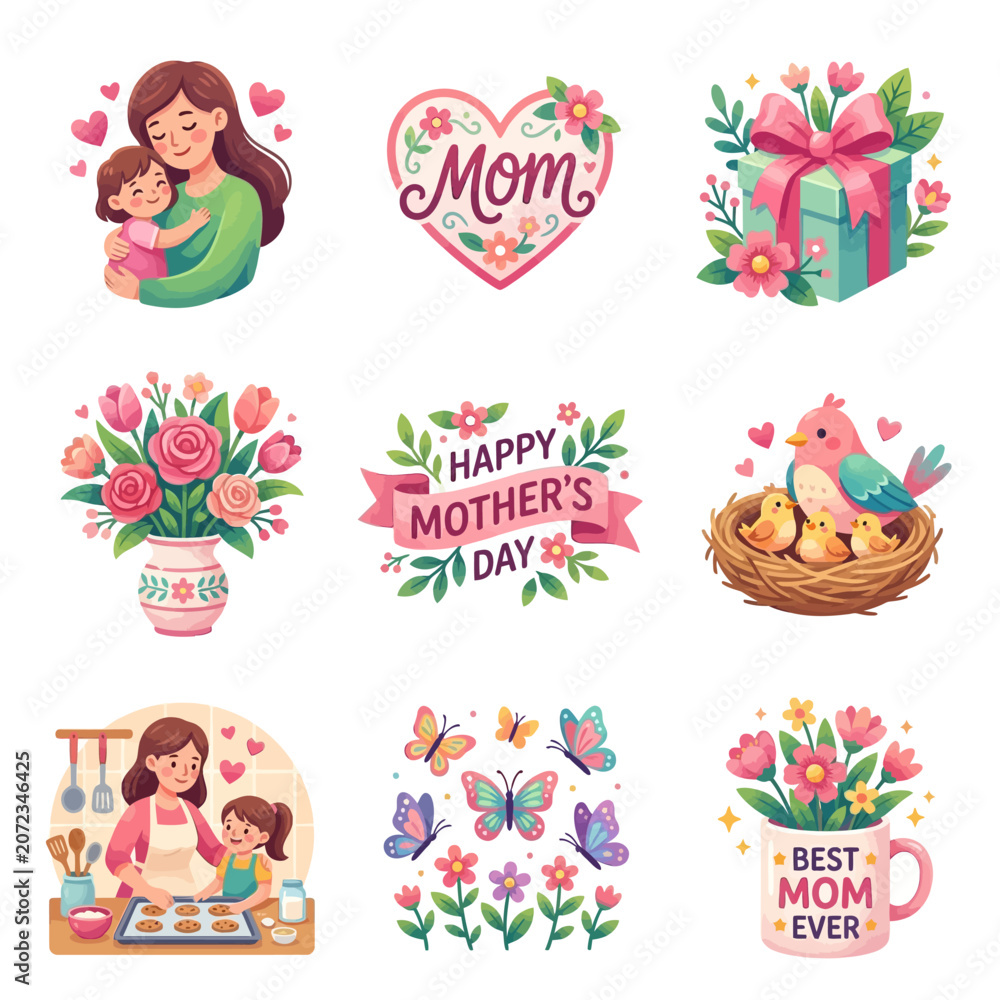 Fototapeta premium A collection of heartwarming illustrations celebrating Mother's Day, featuring mothers with children, floral arrangements, gifts, and loving messages.