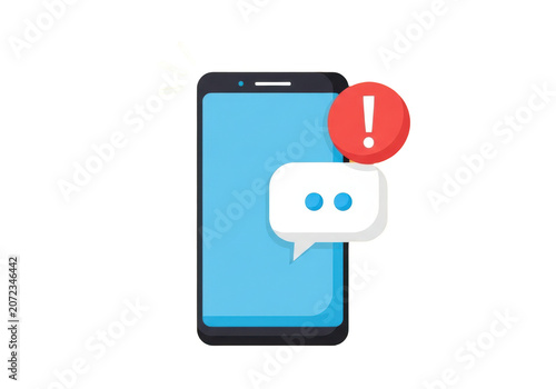 Smartphone with chat bubble and exclamation mark notification isolated on transparent background