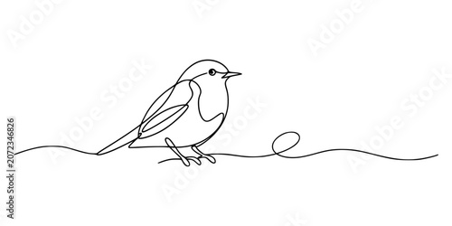 Line Art Bird, Minimalist continuous line drawing of a small bird perched on a line, symbolizing simplicity and calmness