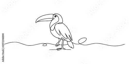 Line Art Toucan, Minimalist continuous line drawing of a toucan with a large beak, symbolizing tropical wildlife and exotic beauty
