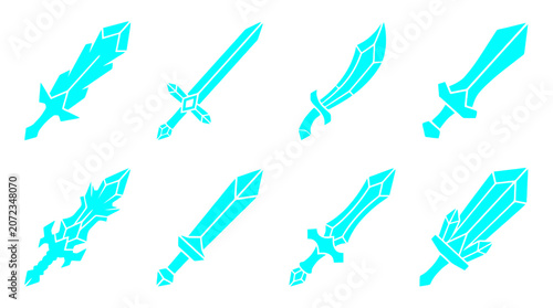 Obraz na płótnie Cyan crystal sword icons and energy blade set.