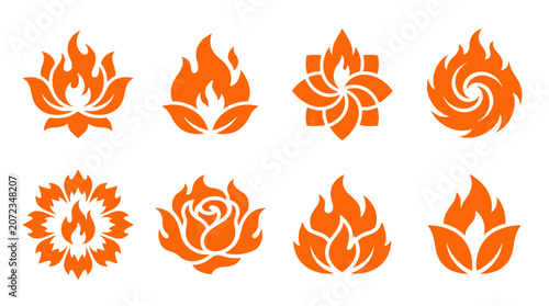 Φωτογραφία Orange flame and fire flower icon set.