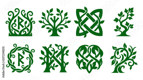 Photos Green Celtic knot and nature tree icon set