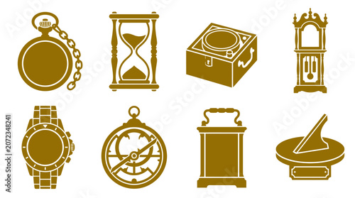 Картината върху платно Gold timekeeping icons including clocks and hourglasses.