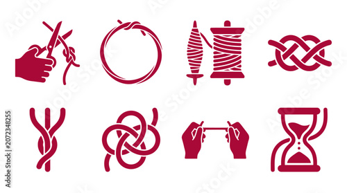 Foto Maroon icons representing fate, time, and weaving destiny.