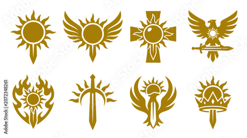 Gold holy emblems with wings and swords.