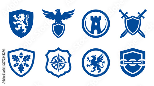 Collection of blue heraldic shields and medieval emblem symbols.