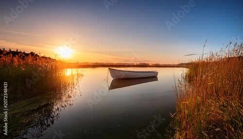 Serene Landscape Featuring A Small Boat Near Reeds At Dawn With Golden Sunlight And Perfect Water Reflection