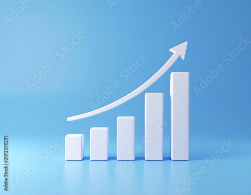 Minimalist 3D business growth chart with rising white bar columns and upward trend arrow, financial success and revenue growth concept, clean blue gradient background, modern corporate analytics, soft