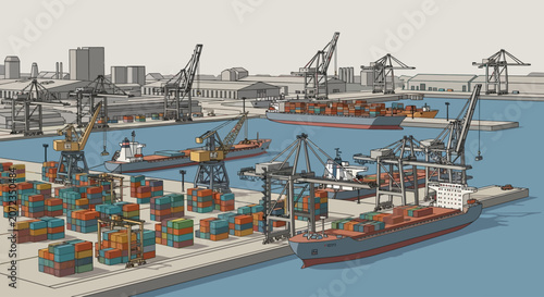 Tableau sur toile cargo ship loading containers at port.