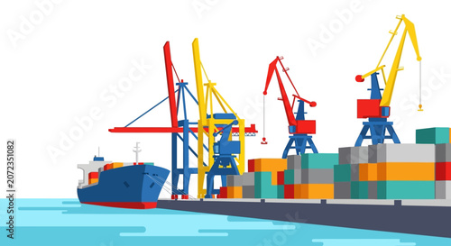 Quadro su tela Container cargo ship in port with cranes.