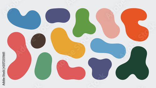 A collection of colorful abstract organic shapes and fluid blobs arranged on a clean neutral background.