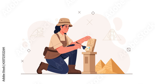 Archaeologist excavating ancient Egyptian artifact with pyramids and hieroglyphs in the background, vector illustration